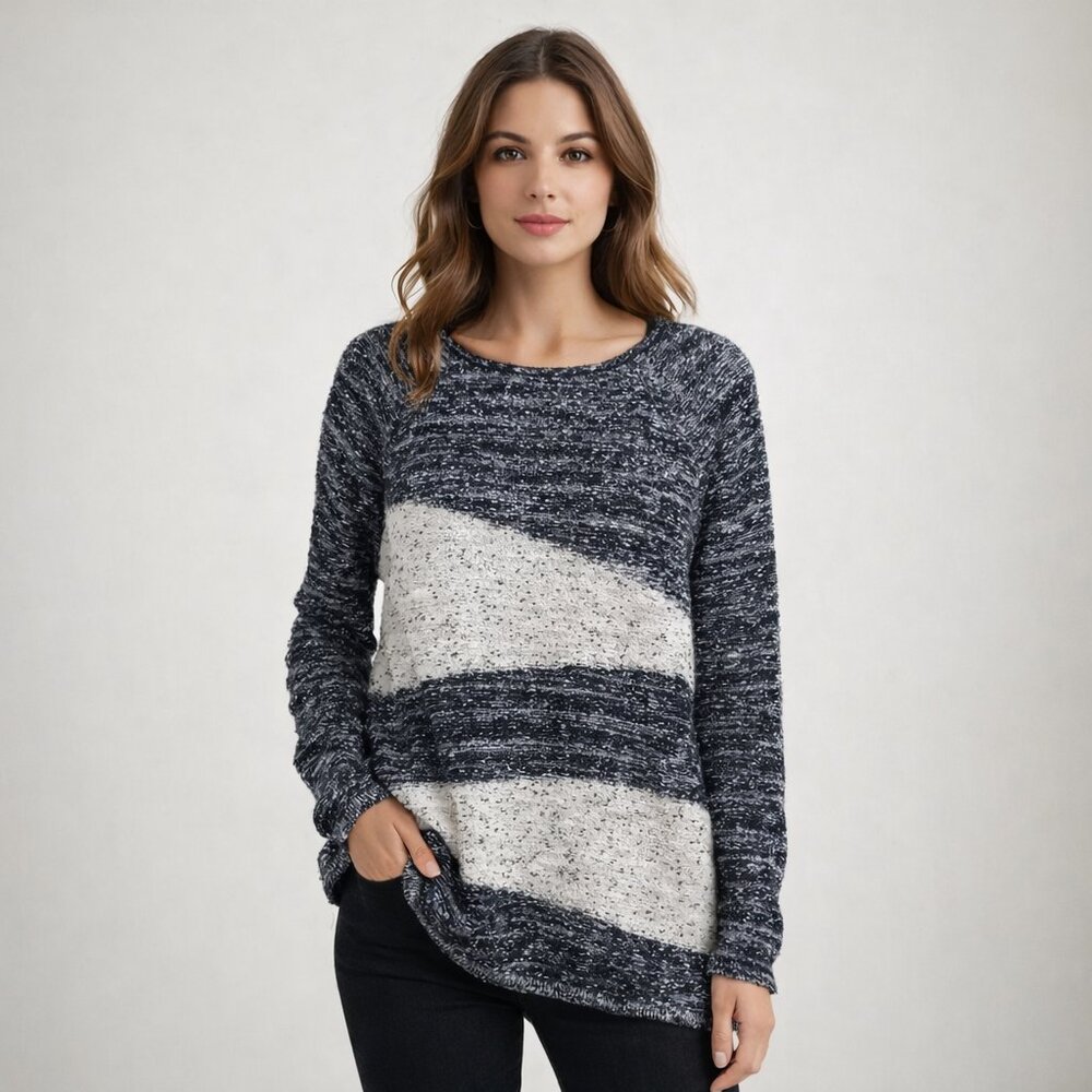 Style & Co Colorblock Long Sleeve Shirt | Black & Ivory Striped | Size L